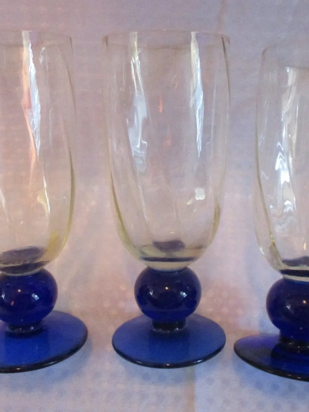 Vintage Set of 3 Swirled Clear Glass & Cobalt Blue Footed Juice Glasses/Tumblers